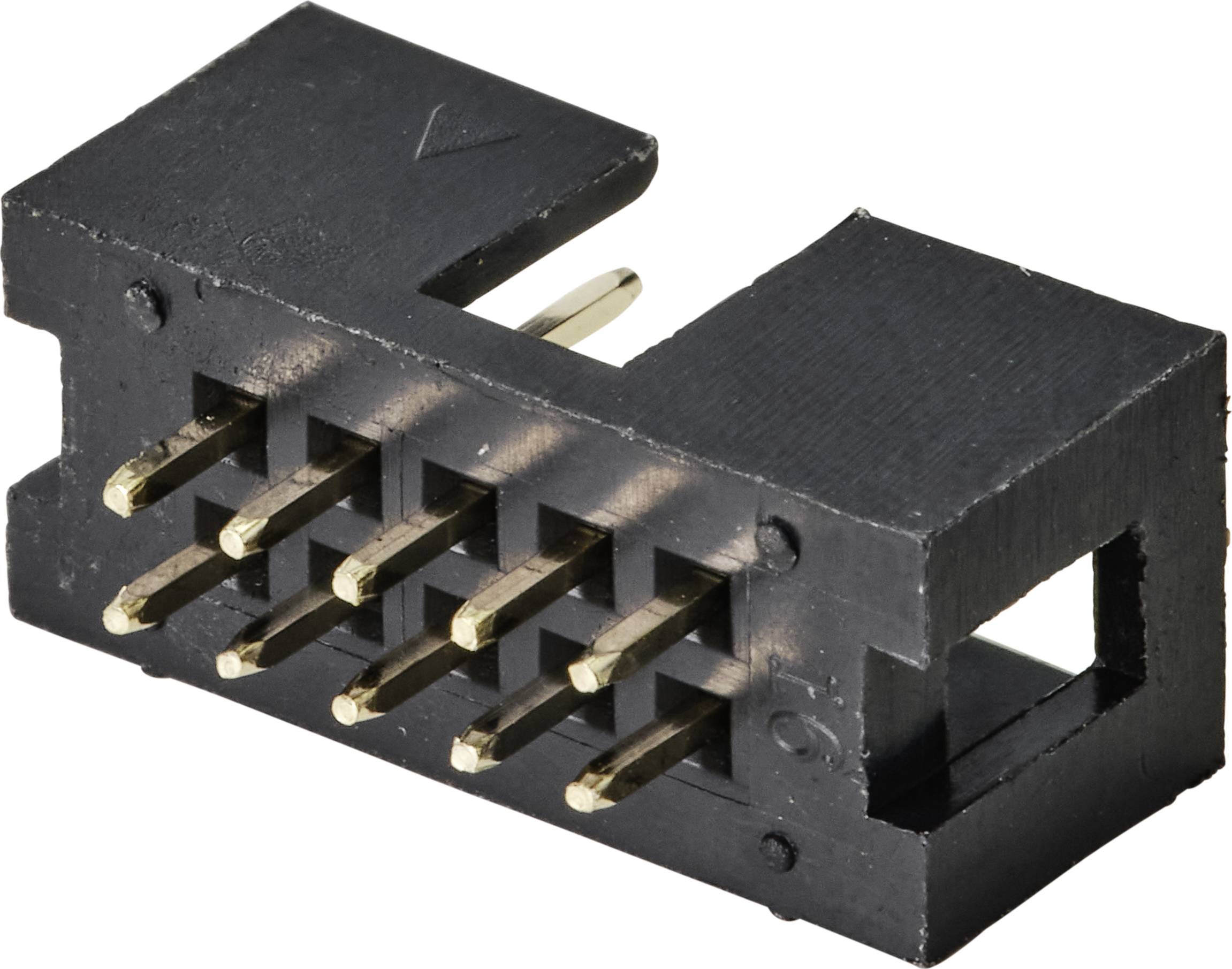 Un connettore nero rettangolare con 10 pin dorati disposti su due file.