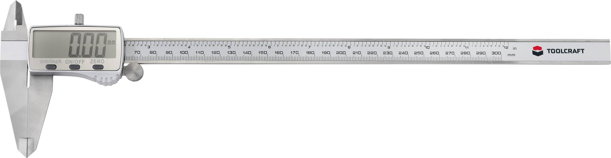Calibro digitale con display LCD, indica '0.00'. Corpo in alluminio, campo di misurazione fino a 300 mm, marca 'Toolcraft'.