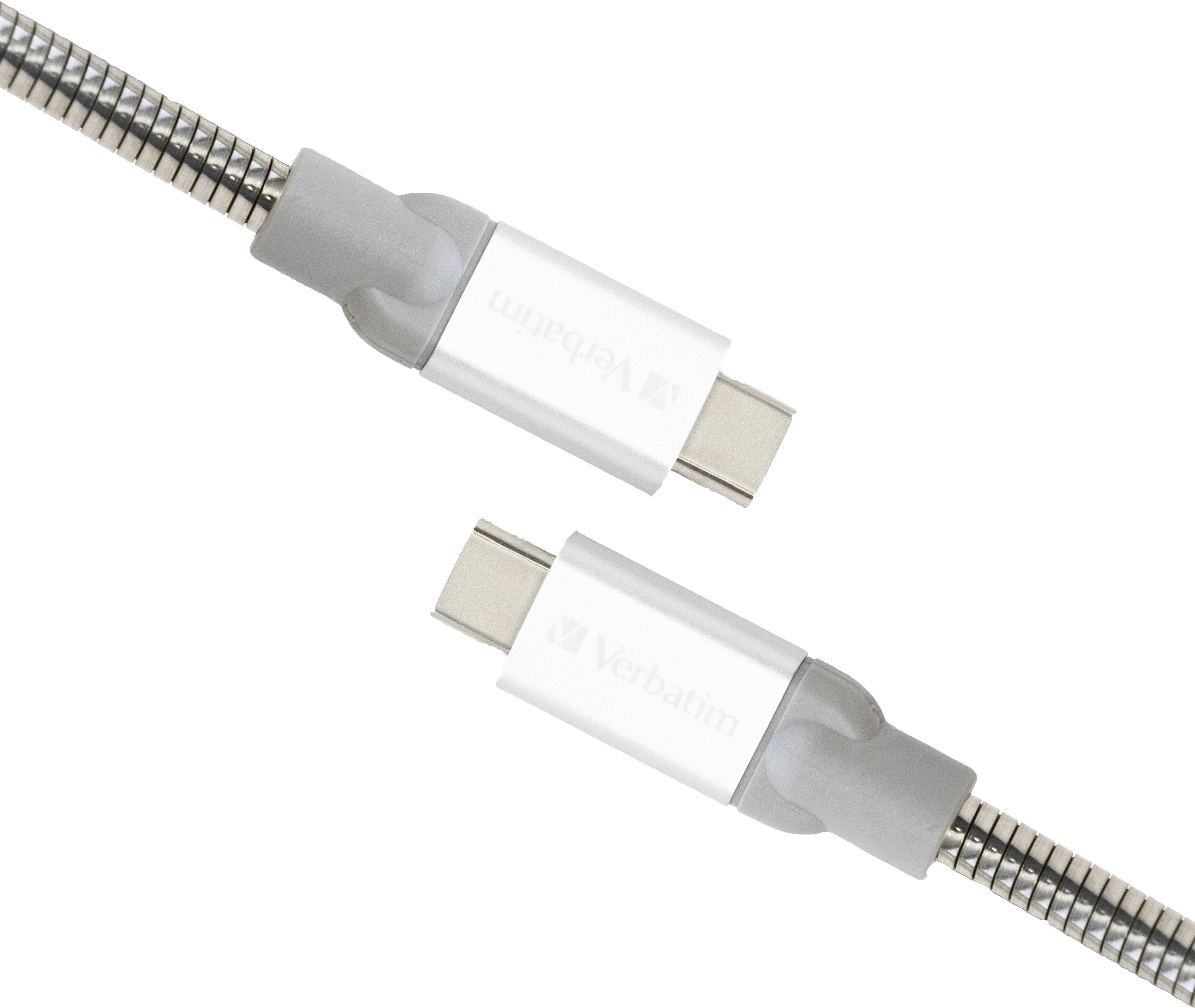 Due cavi USB-C con involucro grigio-argentato e cavo intrecciato mostrano le connessioni in direzioni opposte.