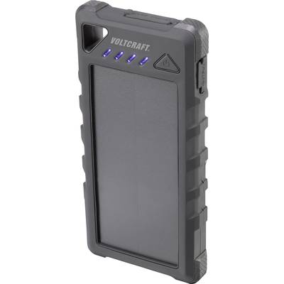 Caricabatterie portatile nero con quattro indicatori LED blu e un pulsante di accensione sul lato frontale.
