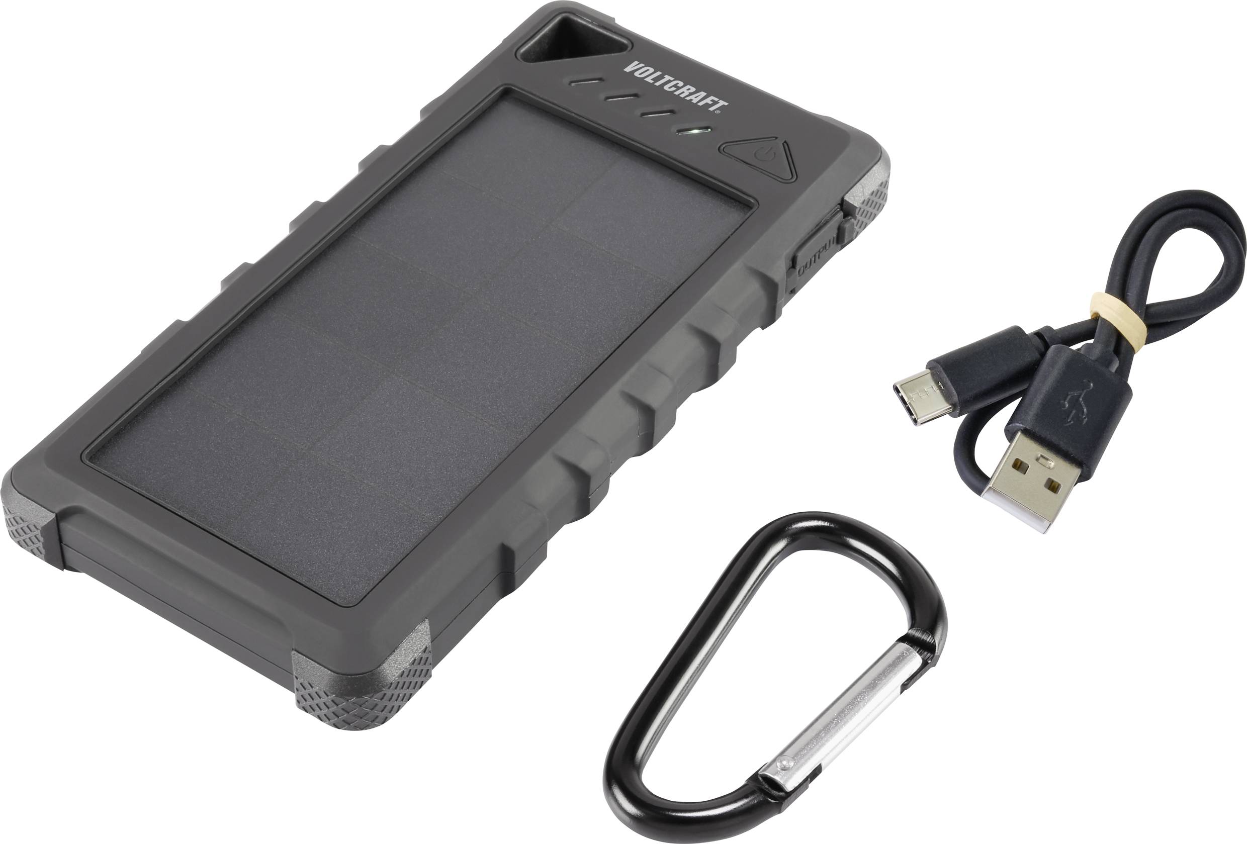 Powerbank solare 'Voltxart' con moschettone e cavo USB. Design rettangolare e robusto in nero, ideale per attività all'aperto.