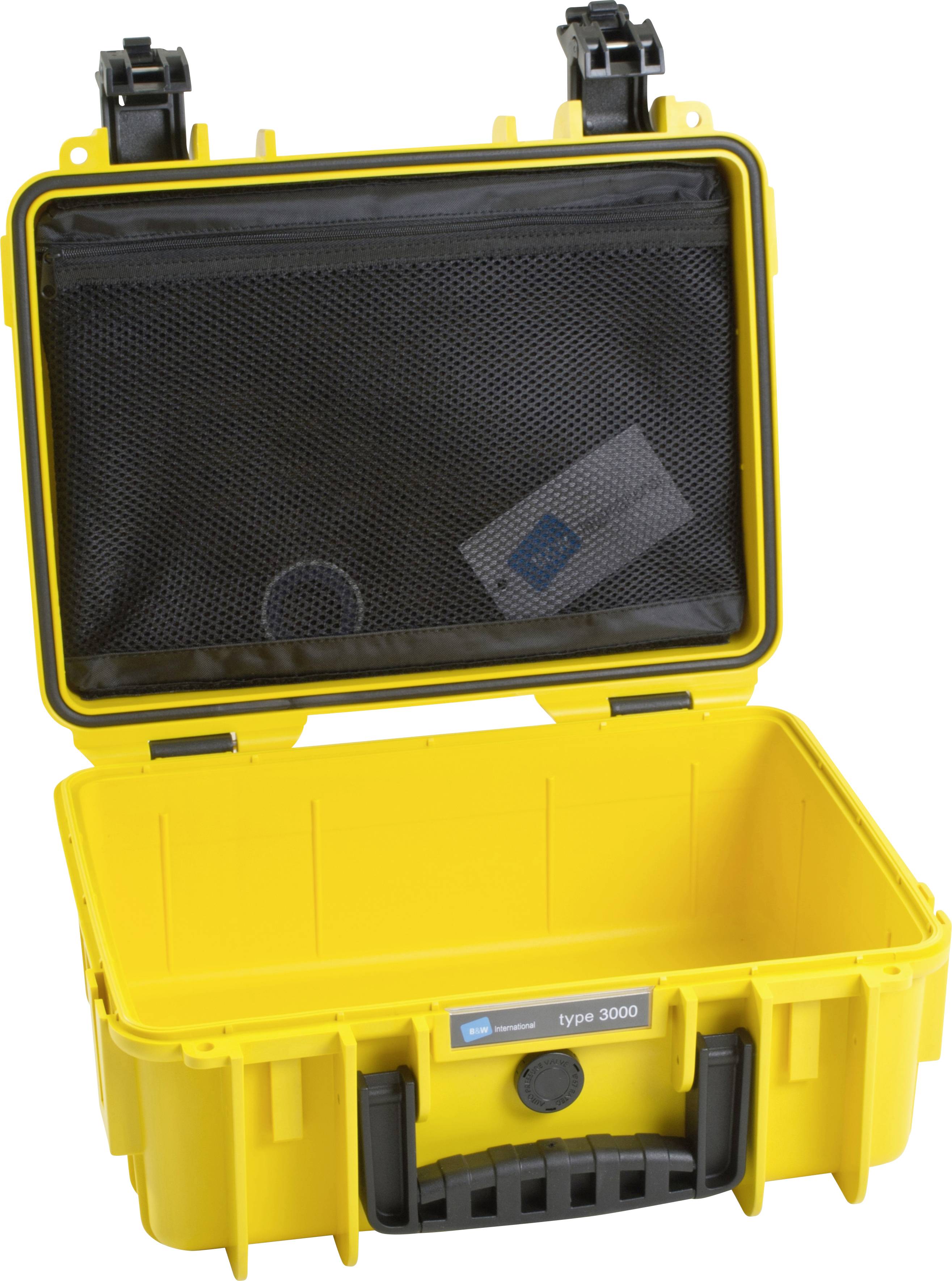 Una valigia protettiva vuota di colore giallo con coperchio aperto e manico nero. Il coperchio ha una tasca a rete per accessori.