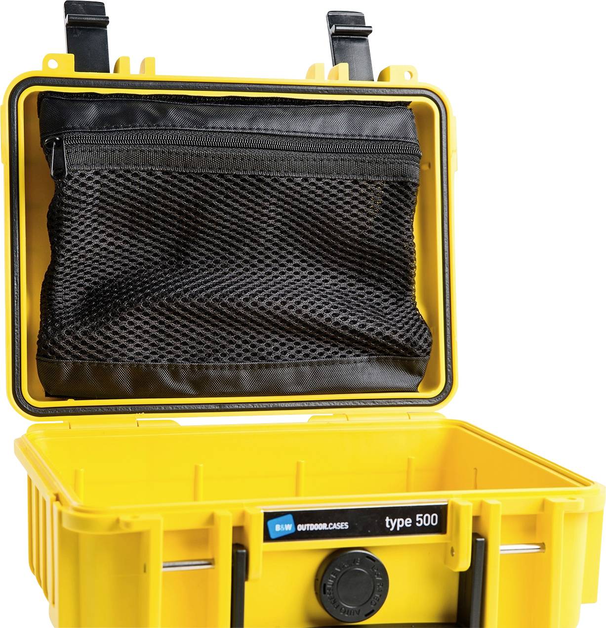 Contenitore protettivo aperto, giallo, con tasca a rete cucita nel coperchio, ideale per riporre in modo sicuro attrezzature e materiali.