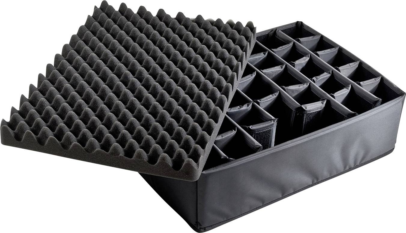 Contenitore nero per lo stoccaggio con coperchio removibile imbottito in schiuma e 24 scomparti per la conservazione sicura degli oggetti.