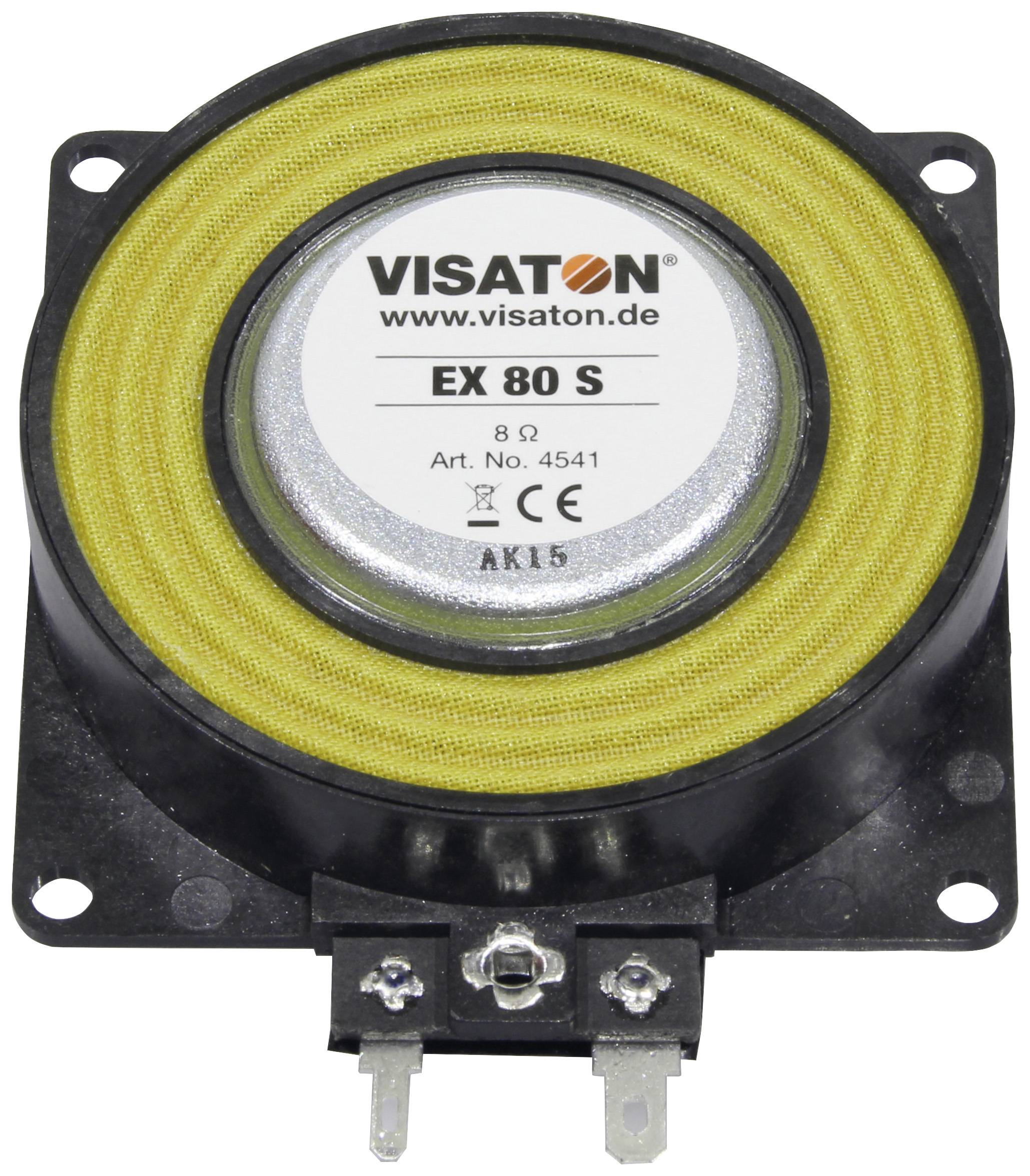 Un altoparlante Visaton EX 80 S, rotondo con bordo giallo e base nera, mostra un URL del sito web e specifiche tecniche.