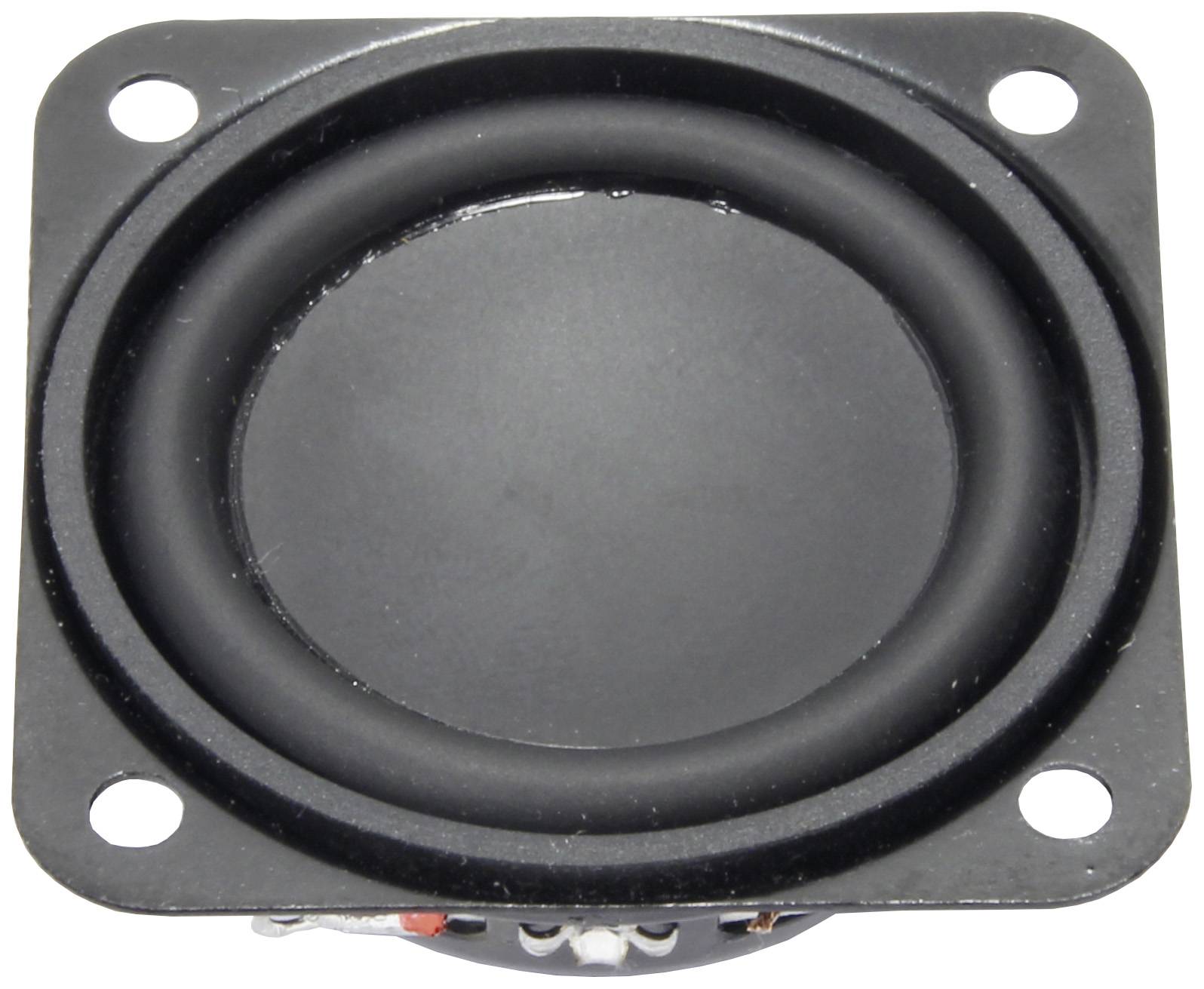 Un altoparlante quadrato con woofer visibile in un rivestimento metallico nero e quattro fori di montaggio agli angoli.