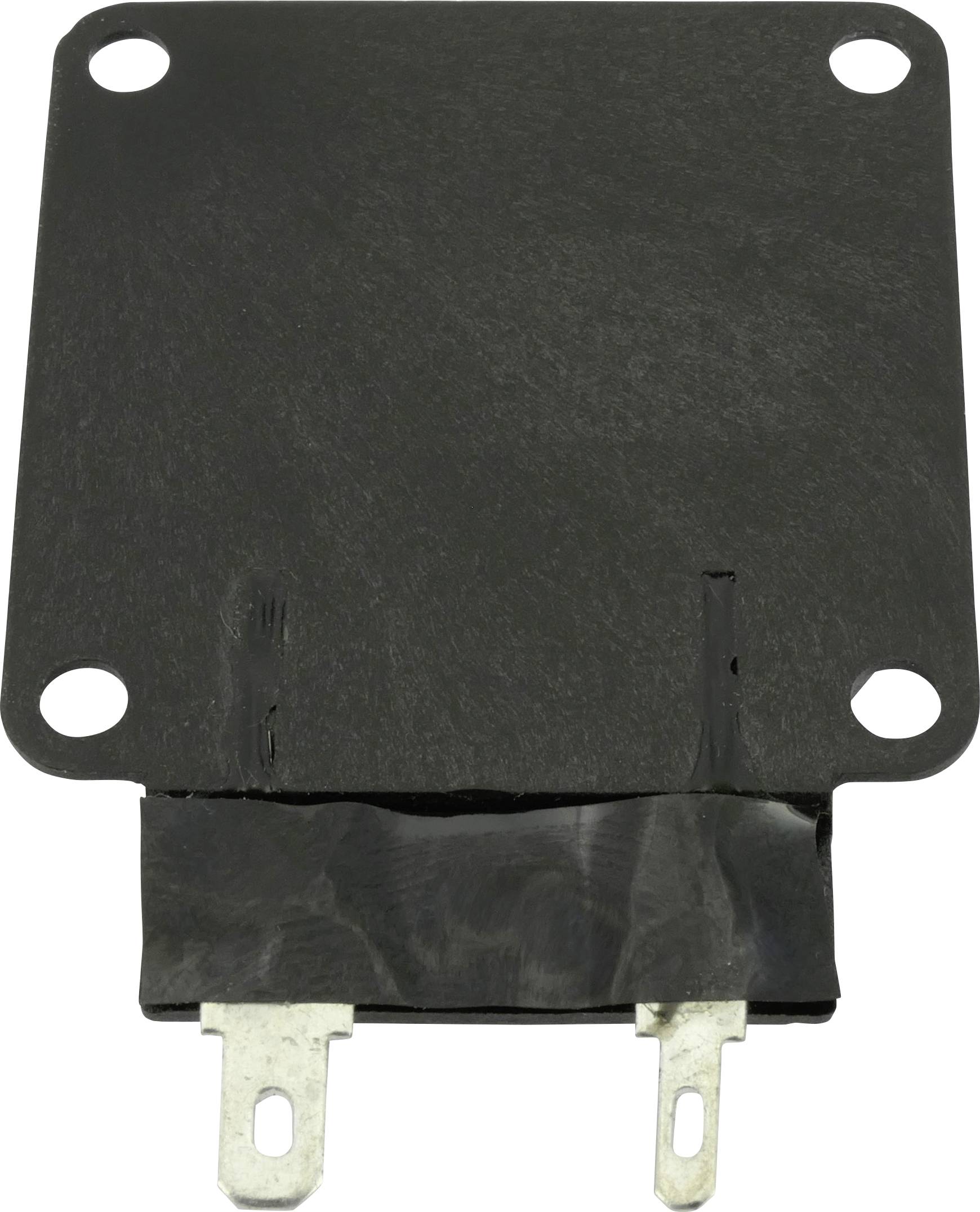 Un componente elettronico nero rettangolare con due contatti metallici in basso e quattro fori per viti agli angoli.