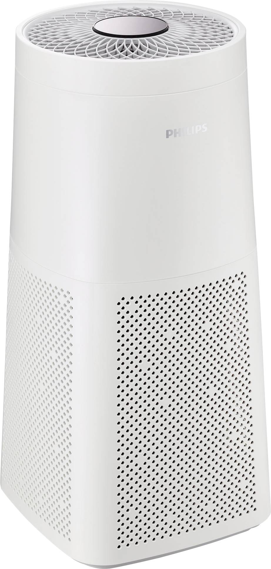 Purificatore d'aria bianco dalla forma cilindrica, con ventilazione nella parte superiore e involucro laterale forato per la circolazione dell'aria.