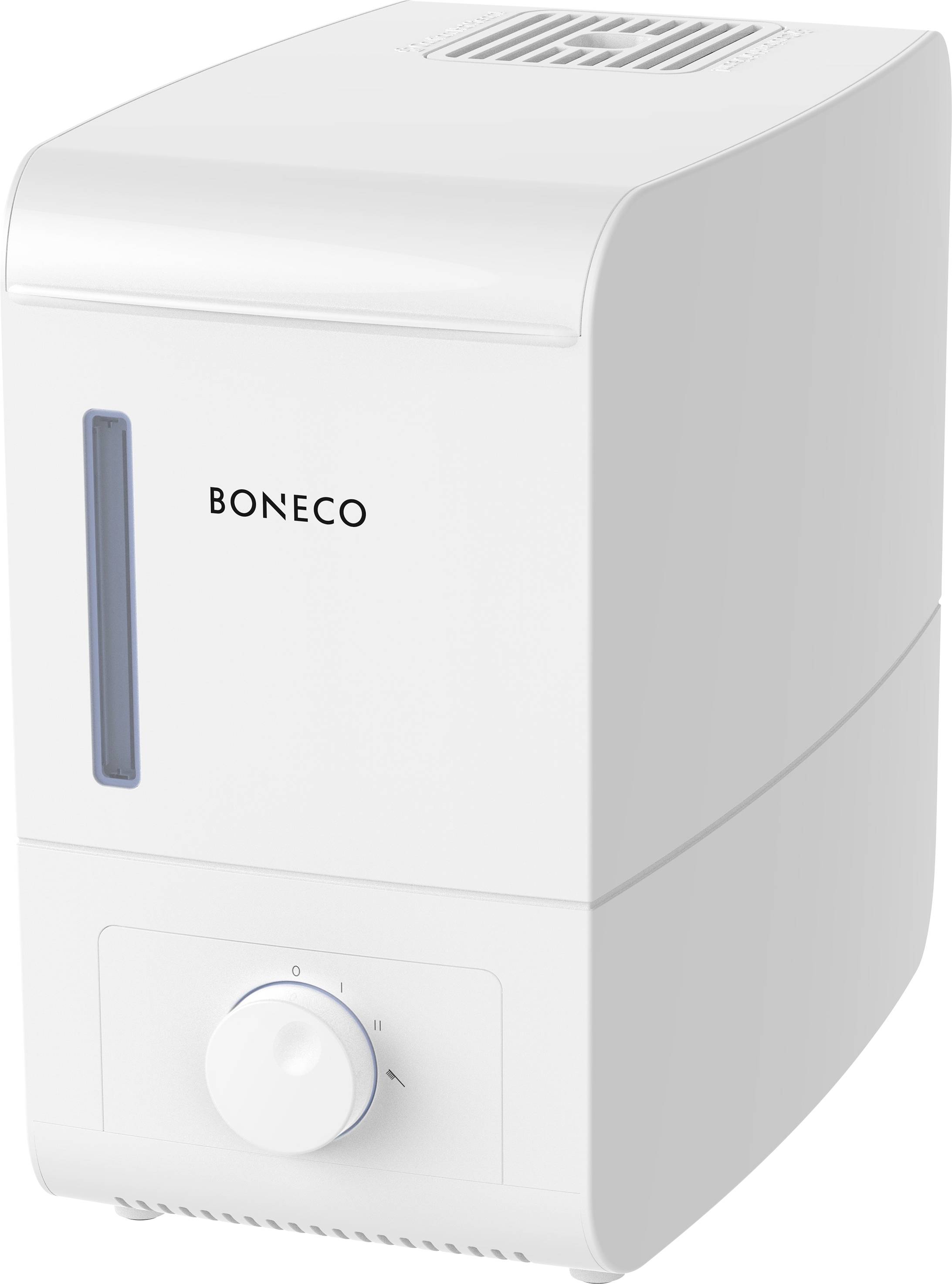 Un umidificatore bianco con manopola di regolazione e indicatore del livello dell'acqua sul lato.