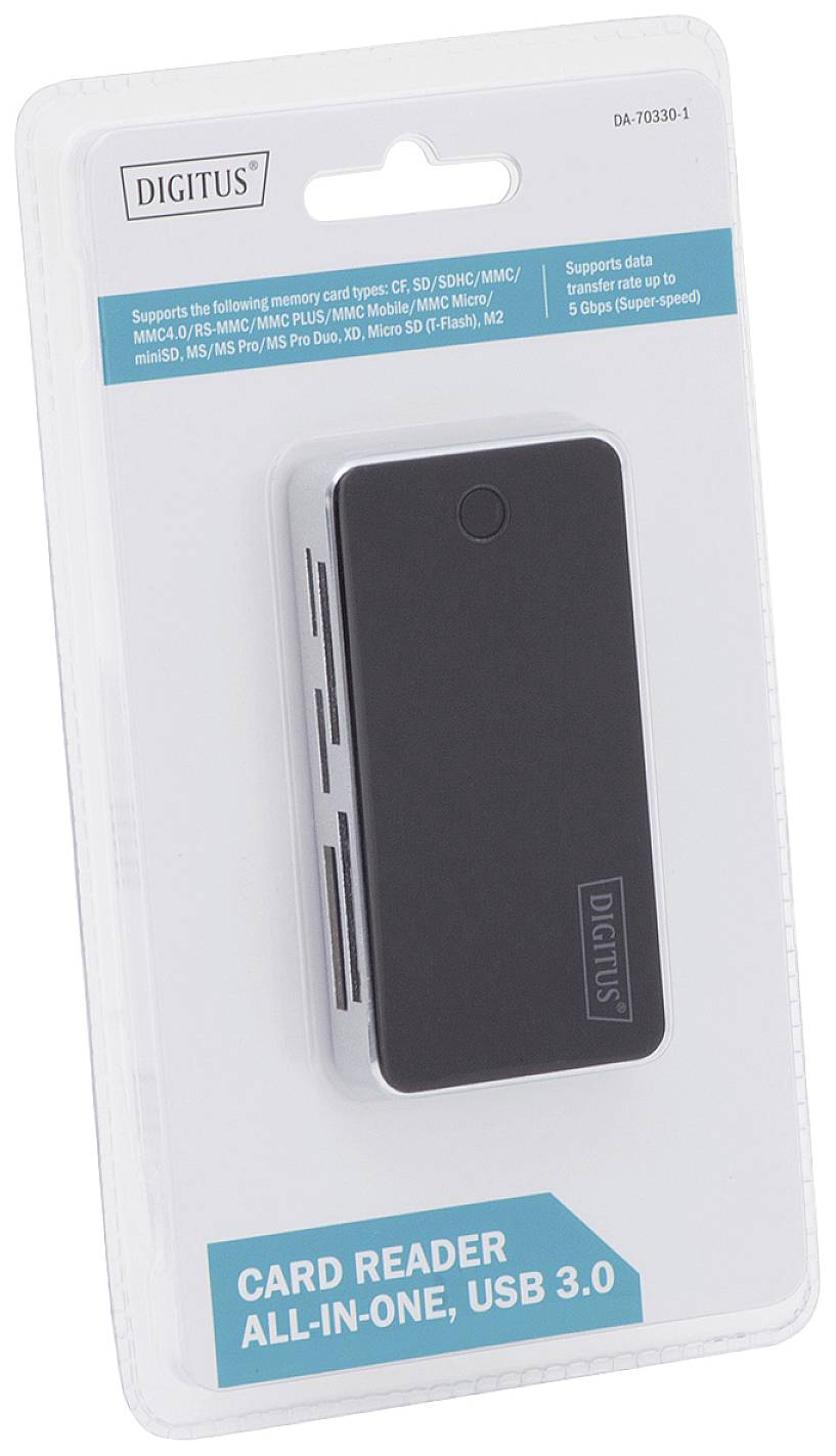 Lettore di schede "DIGITUS", supporta SD, microSD, MS, M2, CompactFlash. Connessione: USB 3.0. Supporta trasferimenti dati fino a 5 Gigabit/secondo.