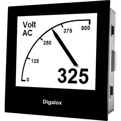 Strumento di misurazione digitale che mostra la tensione AC, scala da 0 a 500 volt, indicatore posizionato a 325 volt. Marchio 'Digalox' in basso.