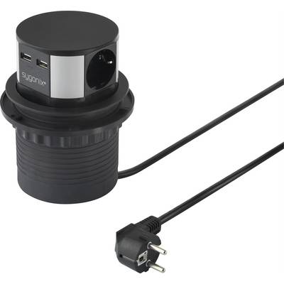 Presa da tavolo rotonda nera con due porte USB e una presa Schuko. Cavo con spina per l'alimentazione elettrica.