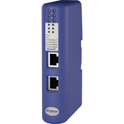 Dispositivo di rete blu con due porte Ethernet e indicatori LED. Le etichette mostrano lo stato di funzionamento, errori e connessione.