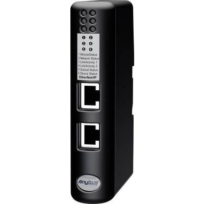 'Dispositivo Anybus con due porte Ethernet e indicatori di stato per moduli, rete, connessione, subnet e dispositivo sul lato frontale.'