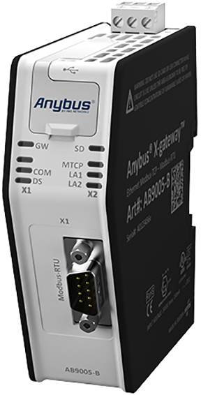Anybus X-gateway, modulo Ethernet, mostra interfacce per Modbus-RTU. Denominazione: AB9005-B. Custodia nera con connettori.