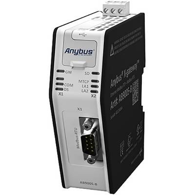 Anybus X-gateway, modulo Ethernet, mostra interfacce per Modbus-RTU. Denominazione: AB9005-B. Custodia nera con connettori.