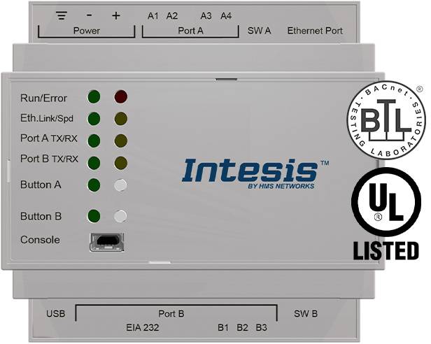 Modulo 'Intesis' con porta Ethernet e LED di stato per il monitoraggio di rete e connessioni. Certificazioni: BTL, UL.