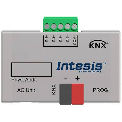Un modulo KNX di Intesis con connettori per 'IN1' fino a 'IN4', 'KNX' e 'PROG'. Il modulo ha un indirizzo fisico ed è destinato a unità AC.