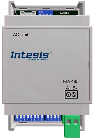 Unità di controllo grigio-argento di Intesis, modello 'AC Unit', con connessioni EIA 485, blocco connettori verde in basso e interruttori blu in alto.