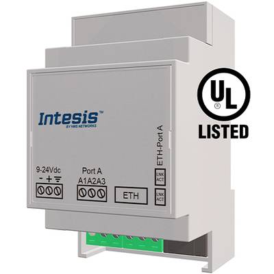 Un modulo di comunicazione rettangolare con la scritta 'Intesis by HMS Networks', che mostra connessioni per alimentazione ed Ethernet. Certificato UL.