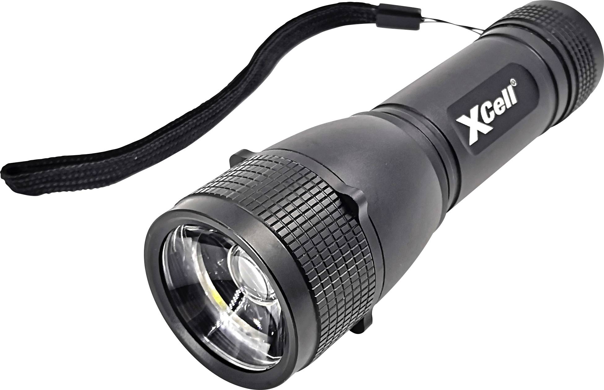 Una torcia elettrica nera con impugnatura zigrinata e cinturino da polso, contrassegnata lateralmente con il logo 'XCell'.