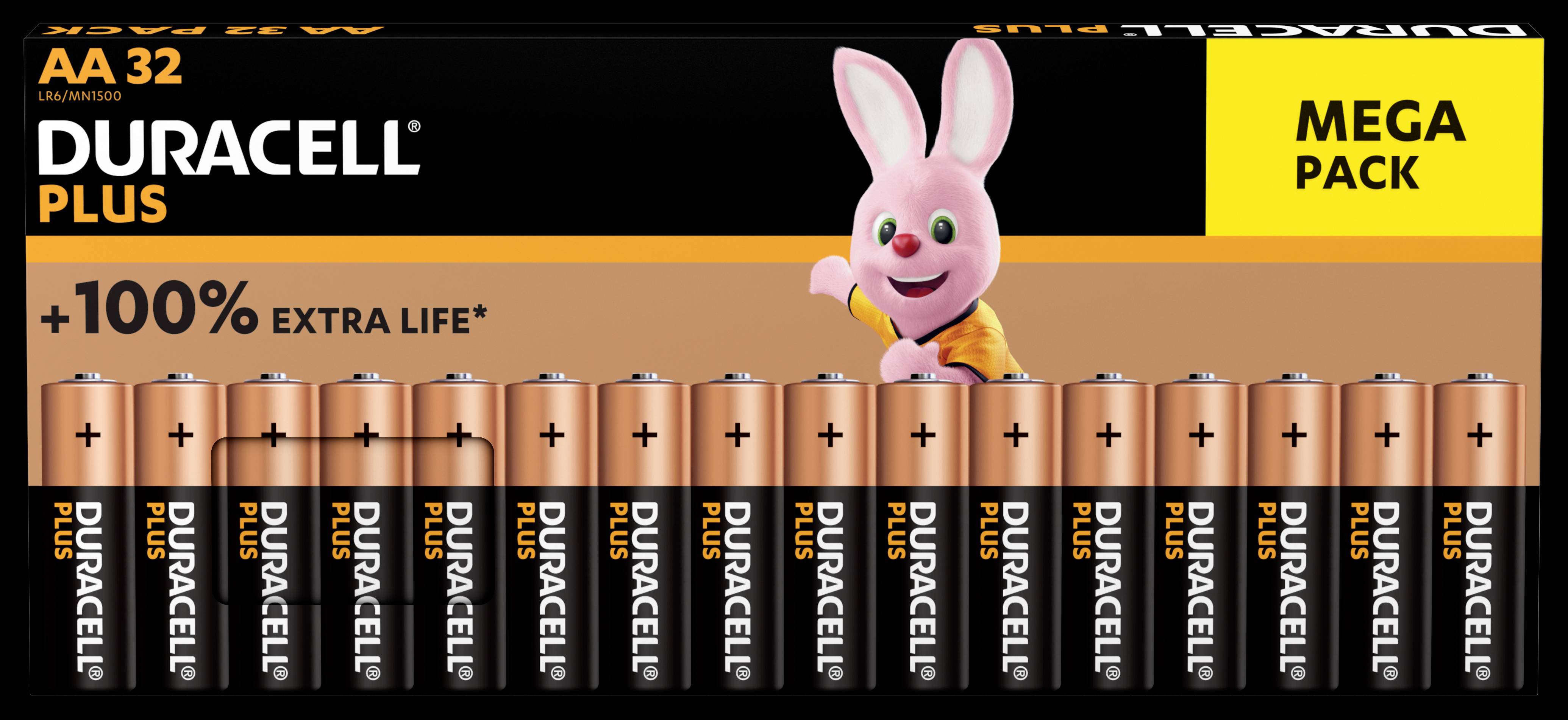 'Duracell Plus AA 32 Mega Pack', mostra 32 batterie, pubblicizzate con '+100% di durata extra*'. Contiene la mascotte del coniglietto rosa.