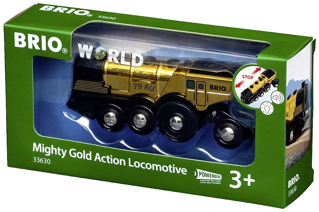 Una locomotiva giocattolo dorata nella scatola, contrassegnata con 'Mighty Gold Action Locomotive', adatta a bambini dai 3 anni in su.