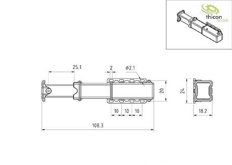 Disegno tecnico di un tubo rettangolare con quote in mm: lunghezza 108,3, larghezza da 20 a 24, sezione trasversale 18,2 e 25,1.