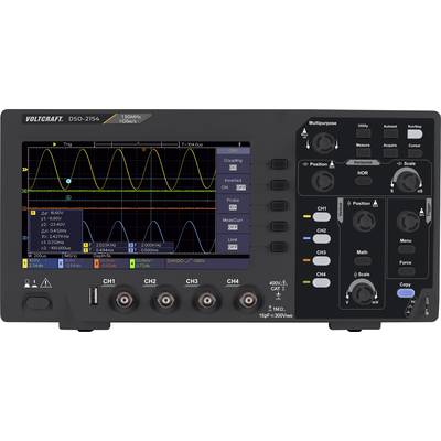 Un oscilloscopio multicanale visualizza segnali d'onda sullo schermo. 150 MHz, 1 GS/s, marca VOLTCRAFT.
