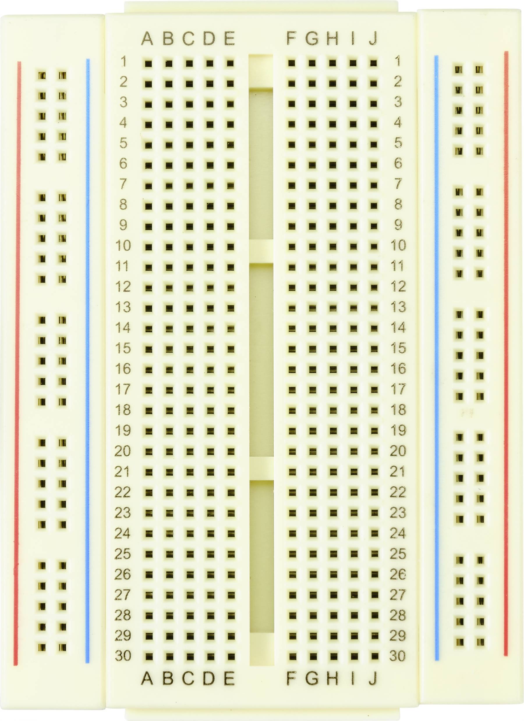 Una scheda bianca con file orizzontali numerate e colonne verticali etichettate da A a J. Sui lati sinistro e destro scorrono binari di corrente blu e rossi.