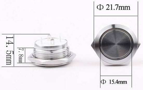 Interruttore metallico rotondo raffigurato dall'alto e di lato, con misure: diametro 21,7 mm e 15,4 mm, altezza 14,3 mm.