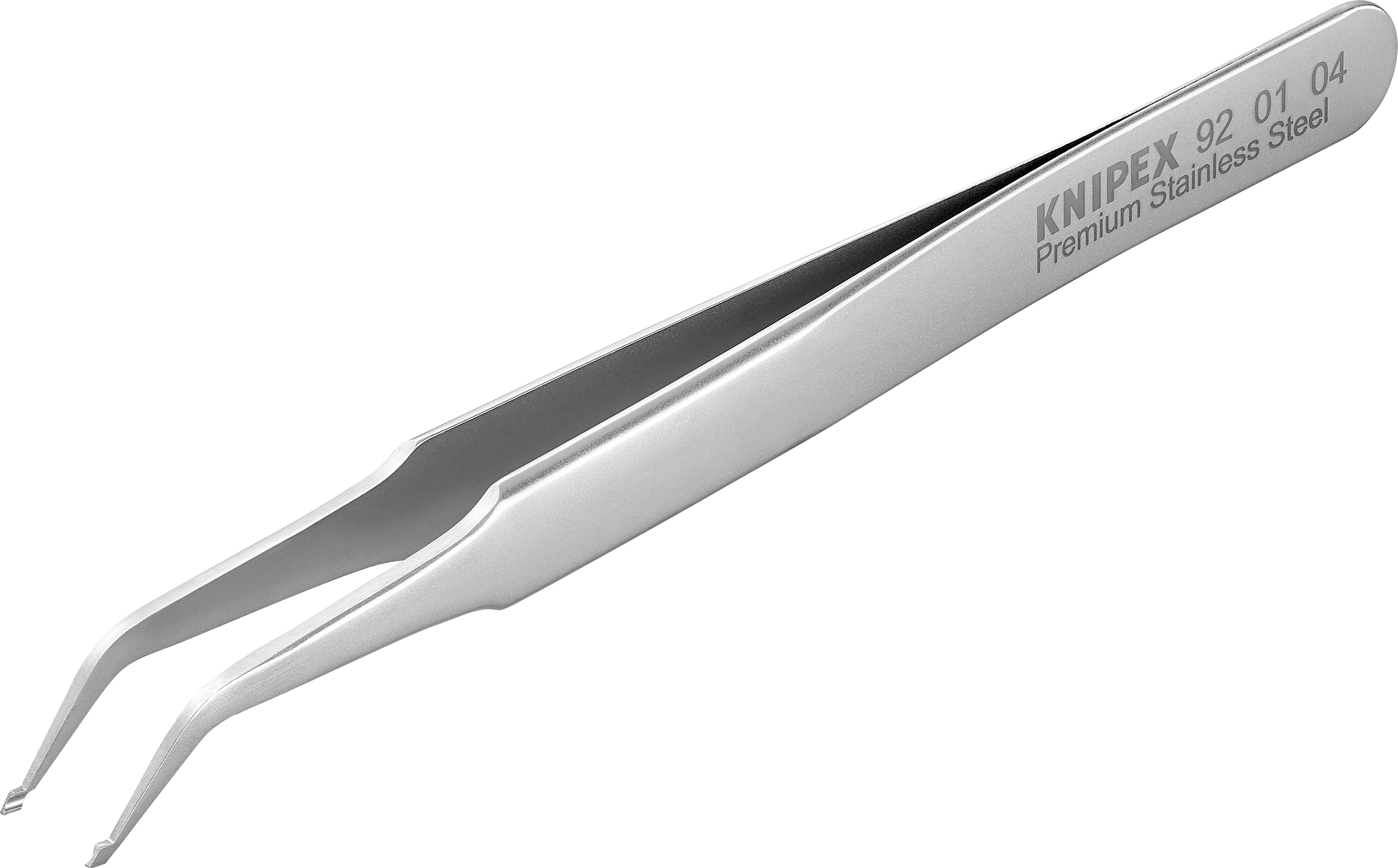 Una pinzetta in acciaio inossidabile con punta fine, sulla quale è stampato 'KNIPEX Premium Stainless Steel'. È pensata per lavori di precisione.