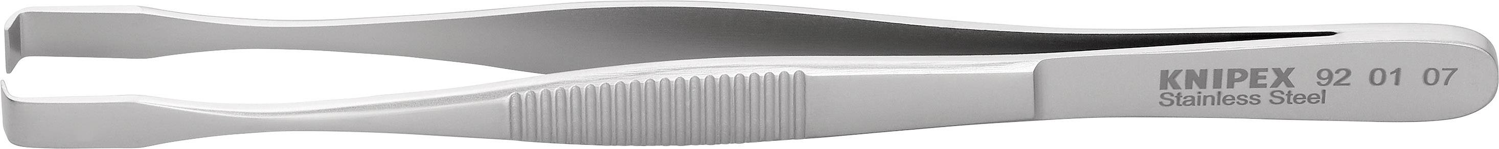 Una pinzetta in acciaio inox argentata con impugnatura zigrinata, adatta per afferrare con precisione piccoli oggetti. Marcatura 'KNIPEX 92 01 07'.