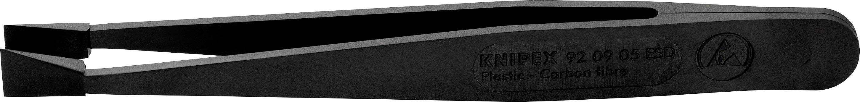 Pinzetta nera con punta smussata e logo impresso sul lato, ideale per afferrare con precisione piccoli oggetti.