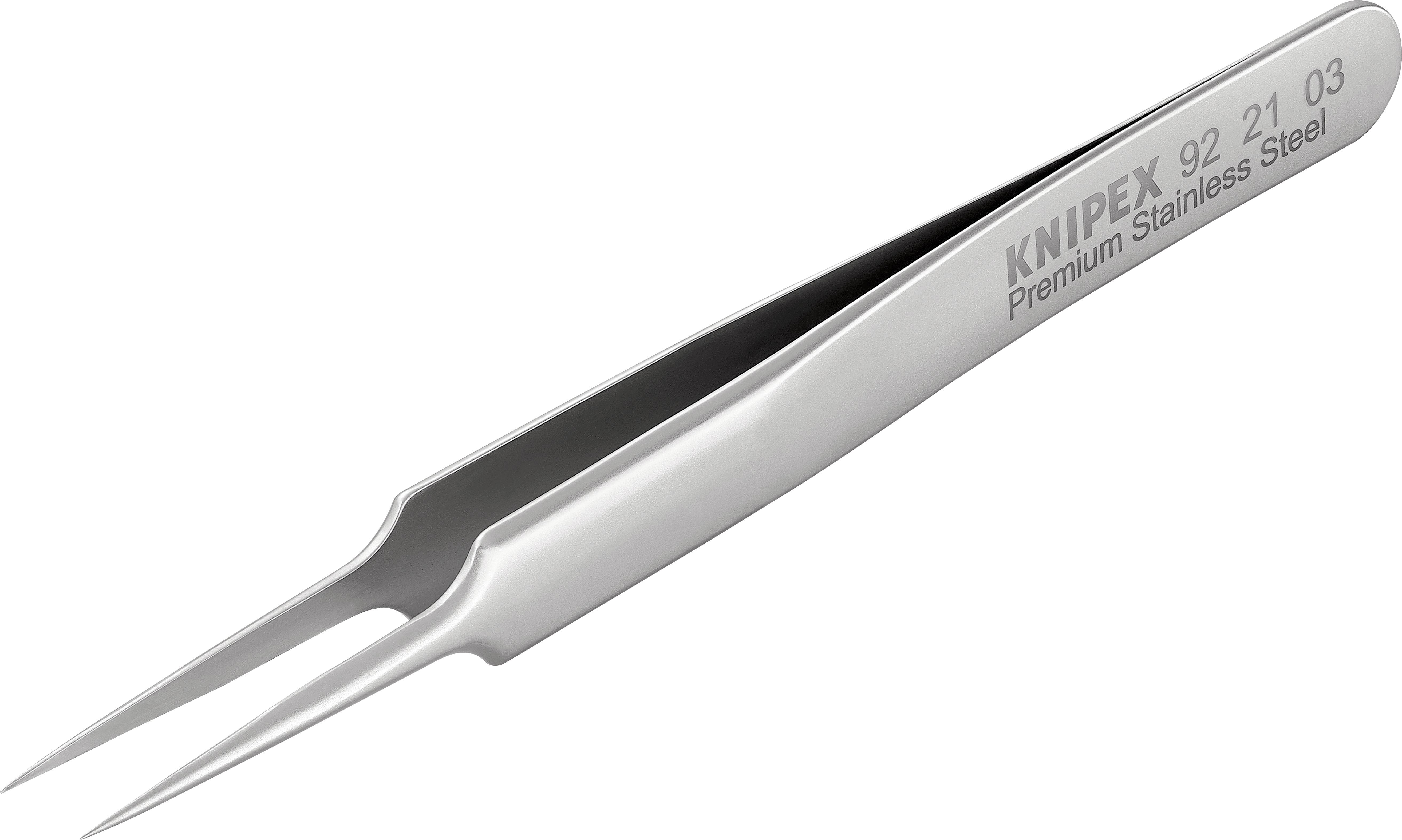 Pinzetta in metallo con punta fine, su cui è scritto 'KNIPEX Acciaio Inossidabile Premium'.