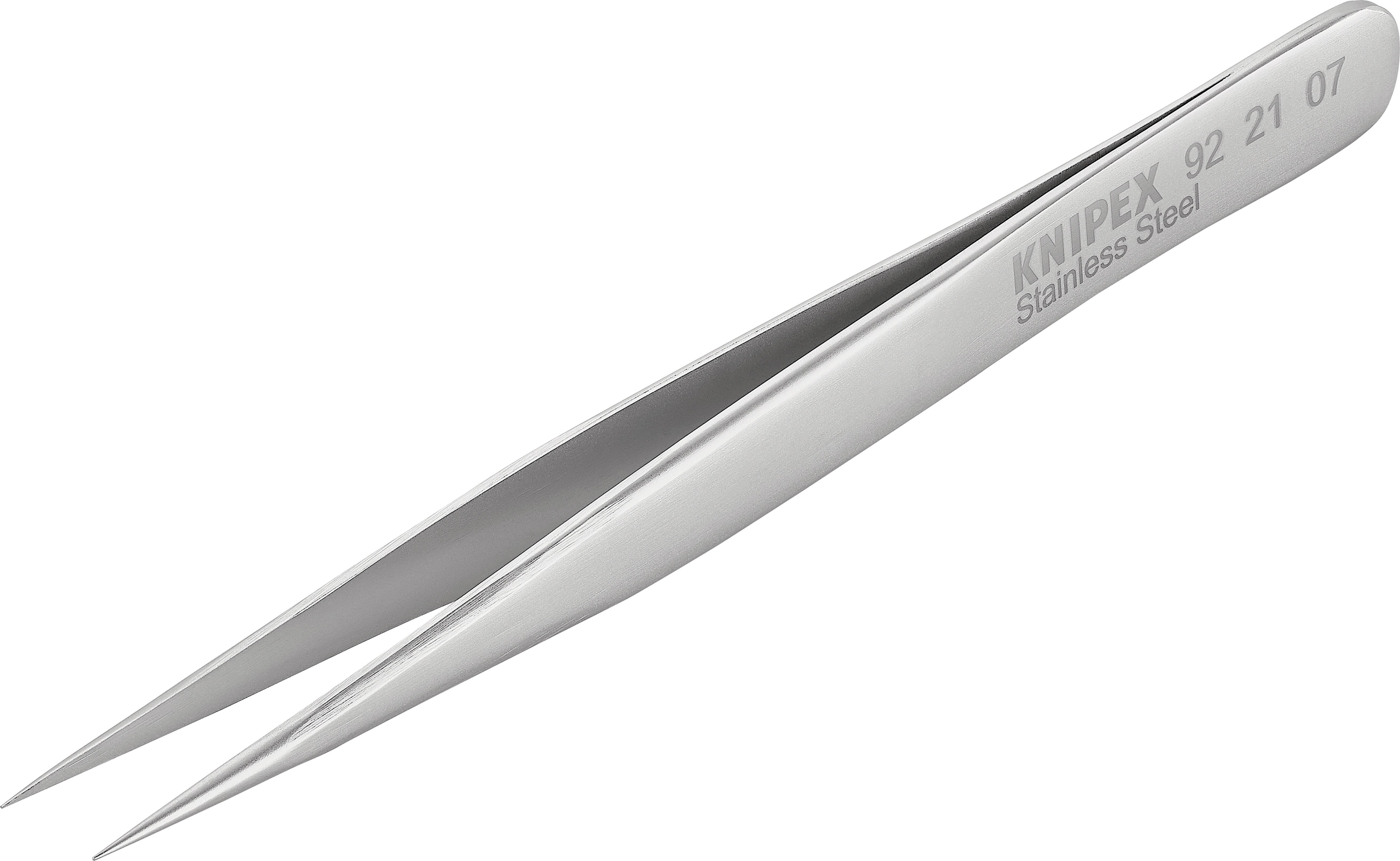 Una pinzetta d'argento in acciaio inossidabile con punte appuntite e il testo stampato 'Knipex Stainless Steel 92 21 07'.