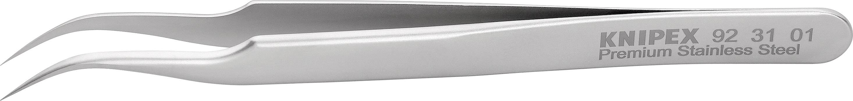 Pinzetta di precisione in argento con punta angolata. Iscrizione: 'Knipex 92 31 01 Premium Acciaio Inossidabile'. Adatta per lavori di precisione.