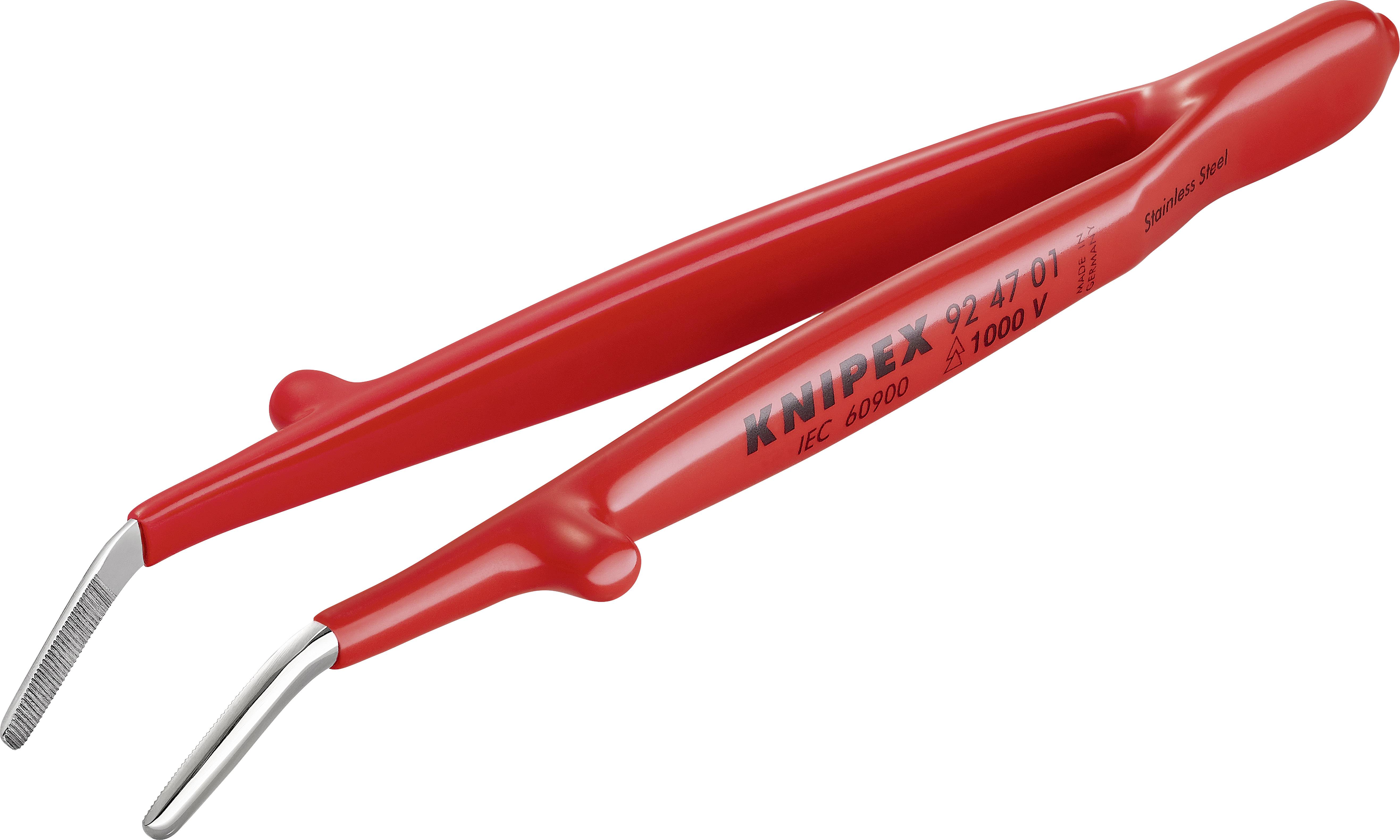 'Pinza rossa KNIPEX con punte inclinate per afferrare con precisione piccoli oggetti, numero di modello e logo visibili.'