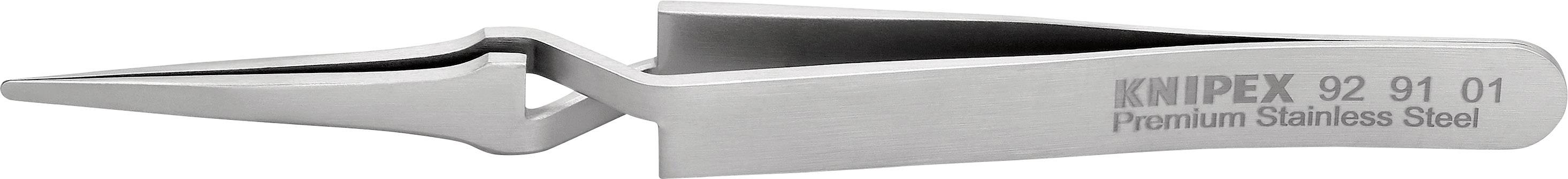 Pinzetta in acciaio inossidabile con punte inclinate e la scritta 'KNIPEX 92 91 01 Premium Stainless Steel' sul lato.