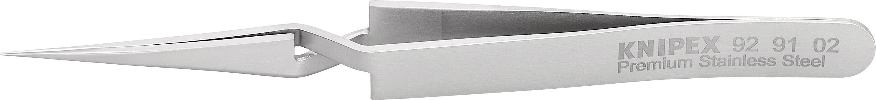 Pinzetta in acciaio inossidabile argento del marchio Knipex, affilata e curva, adatta per lavori di precisione.