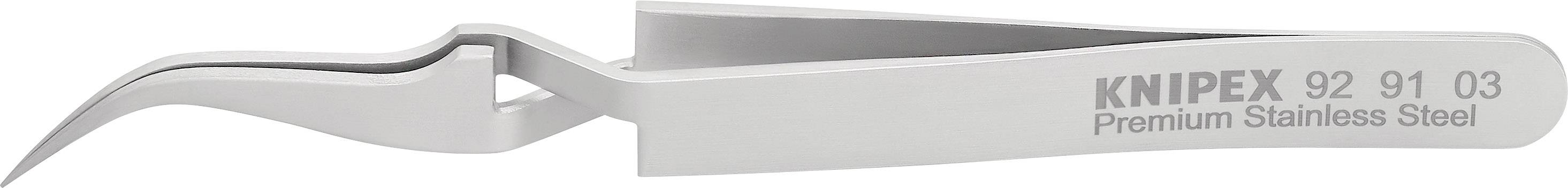 Pinzetta Knipex in argento realizzata in acciaio inossidabile di alta qualità, con punta sottile e curva, principalmente progettata per afferrare con precisione oggetti di piccole dimensioni.