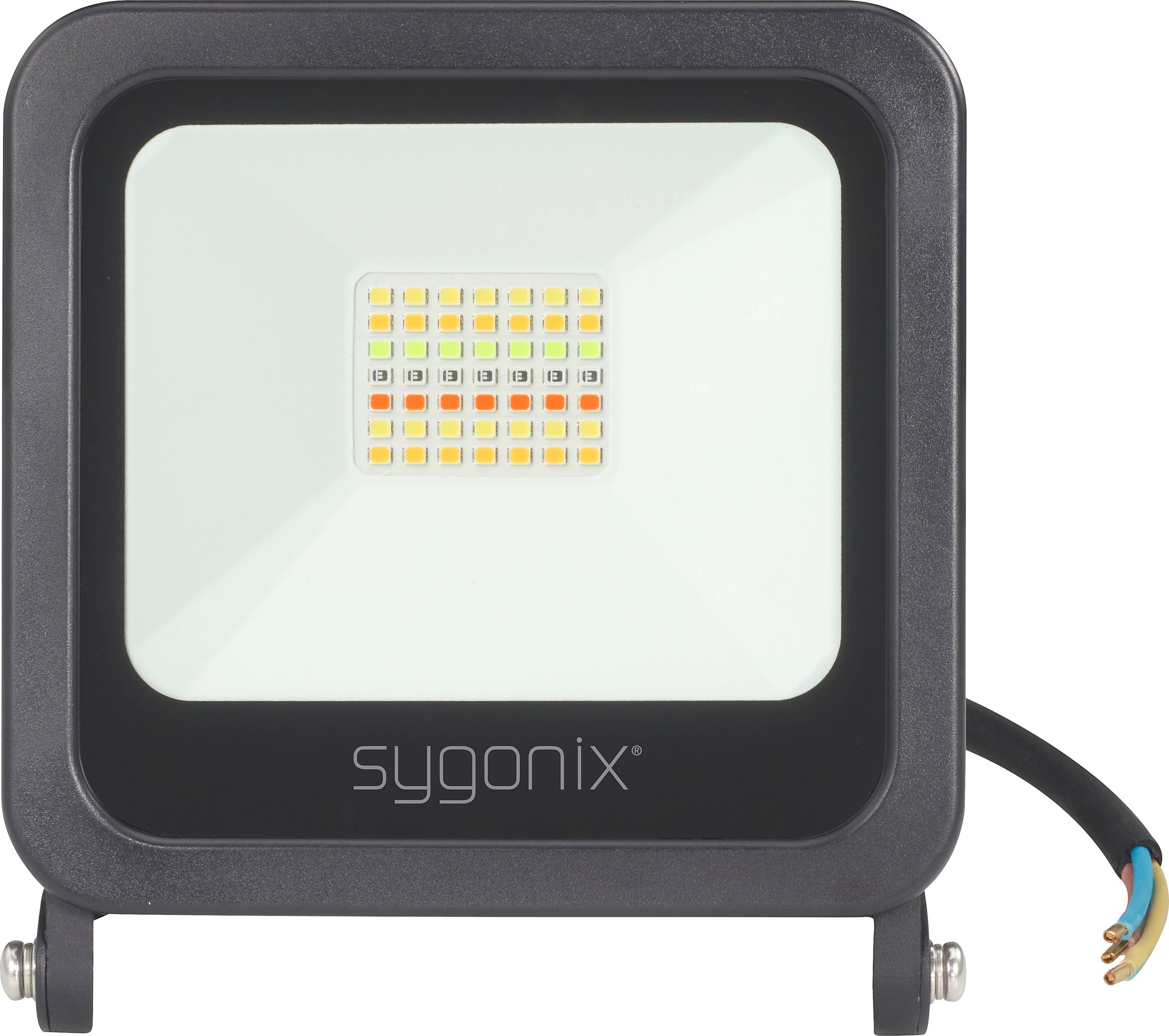 Un proiettore LED rettangolare con cornice nera, disposizione LED illuminata al centro, marchio 'sygonix' sul lato anteriore.