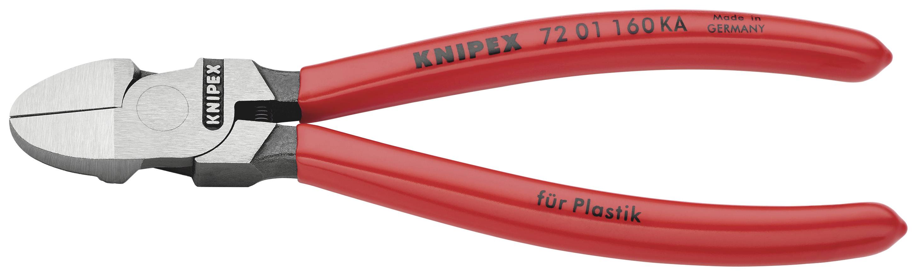 Tronchese laterale Knipex, rossa con la scritta 'per plastica'. Progettata per il taglio di materiali plastici. Paese di produzione: Germania.