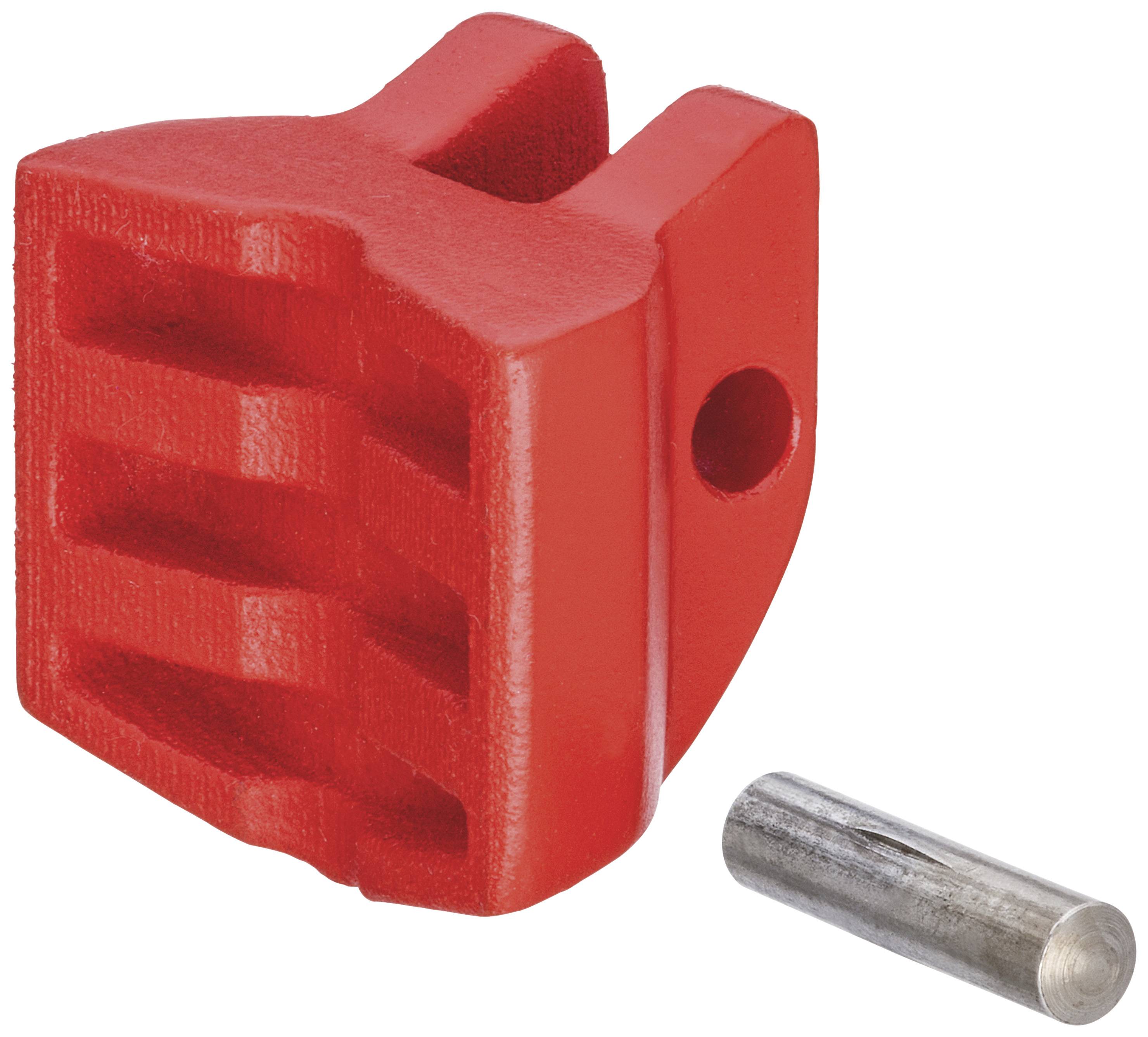 Pezzo in plastica rossa con impugnatura scanalata e foro, accanto a un perno cilindrico metallico.