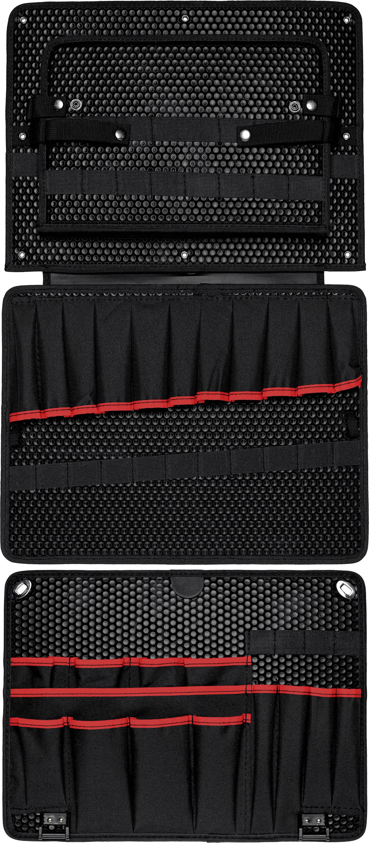 'Custodia organizer nera con diverse asole elastiche e tasche, idonea per conservare attrezzi o cavi.'
