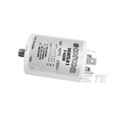 Un condensatore cilindrico bianco con la scritta '16VGA1' e specifiche elettriche, prodotto da Cotcom, è adagiato su un lato.