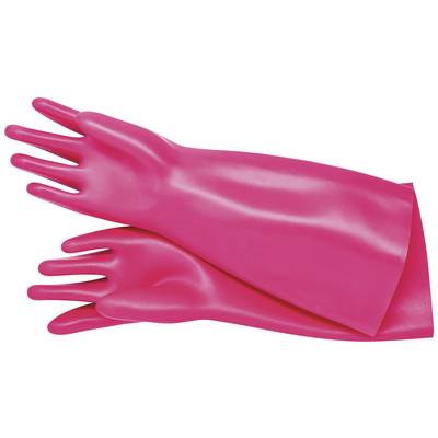 Due guanti di gomma rosa sovrapposti, lunghi, generalmente utilizzati per la pulizia o per lavare i piatti.