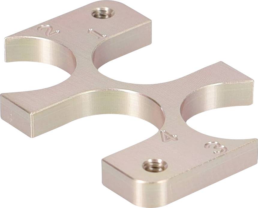 Un connettore metallico a quattro vie, piatto e rettangolare con bordi arrotondati, inciso con i numeri '1', '2', '3' e '4' vicino a ciascuna apertura.