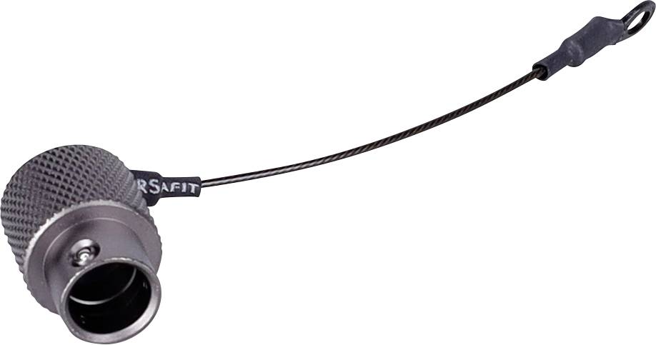 Un tappo antipolvere metallico con un anello di filo, progettato per proteggere una porta o un connettore, etichettato con il testo 'R-SAFIT' sull'etichetta nera.