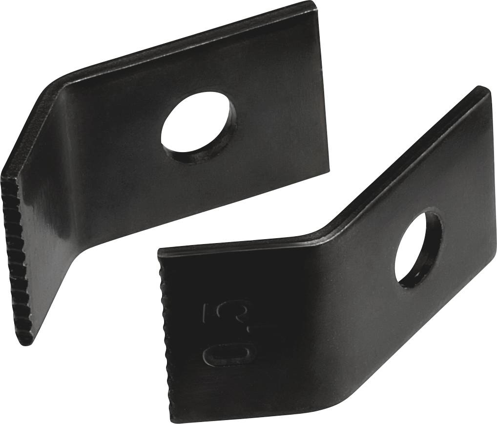 Due morsetti neri curvi in metallo con bordo scanalato e un foro centrale, probabilmente utilizzati per fissaggio o montaggio.